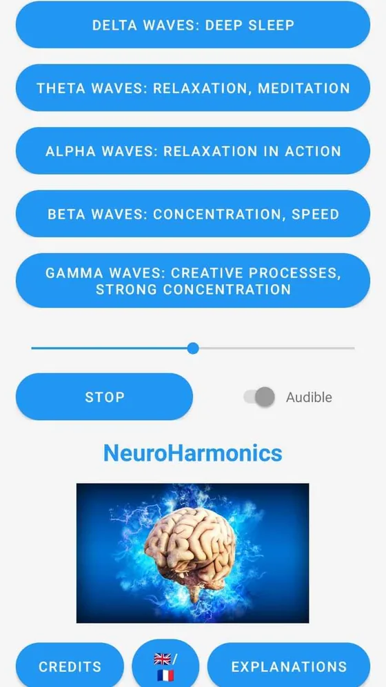 Main screen of the app: five buttons, one per brainwave band, a volume slider and a Stop button.