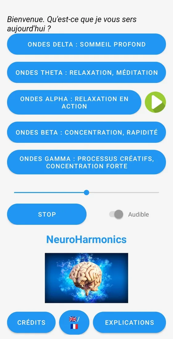 Écran principal de l'application : cinq boutons, un par bande d'ondes, un curseur de volume et un bouton Stop.