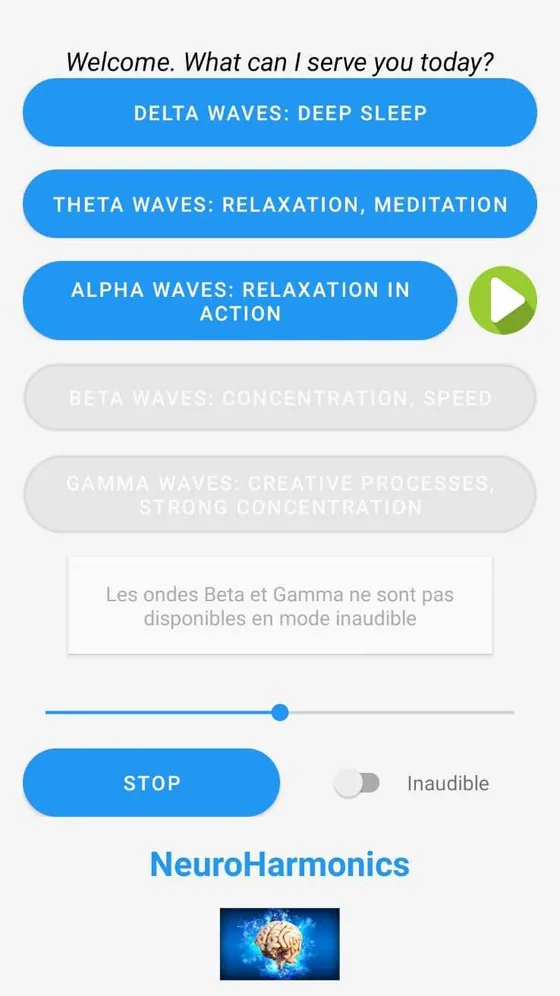 The app in inaudible mode: the beta and gamma buttons are greyed out.